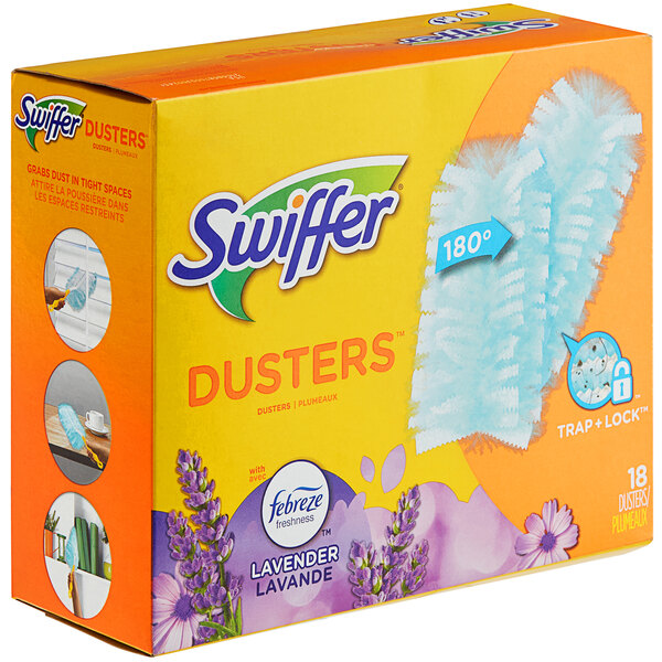 A box of 18 Swiffer Dusters refills with Febreze scent.