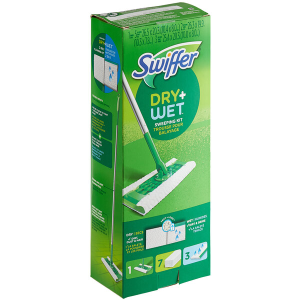 A green and white Swiffer Sweeper Wet and Dry Mop Starter Kit box.