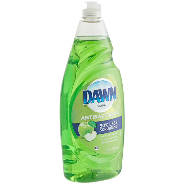 A green bottle of Dawn Ultra Antibacterial Apple Blossom dishwashing liquid.