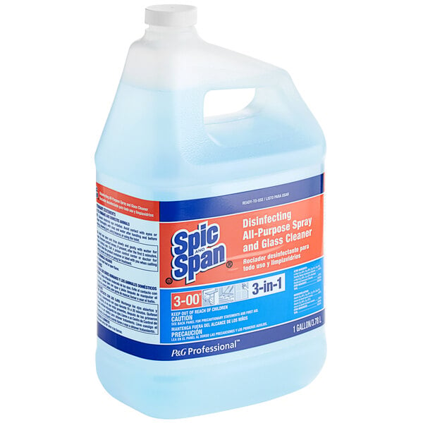 A plastic jug of Spic and Span disinfecting all-purpose and glass cleaner with a label.