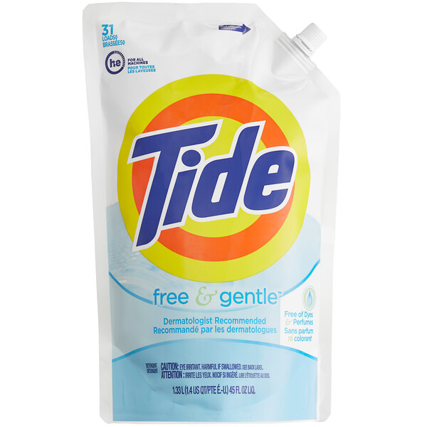 A white plastic Tide Free & Gentle liquid laundry detergent pouch with blue and yellow text.