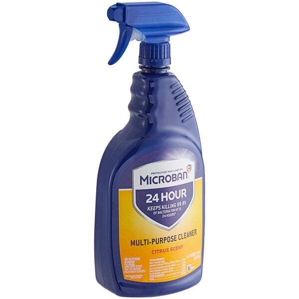 A blue spray bottle of Microban Multi-Purpose Citrus Scented Cleaner with a yellow label.