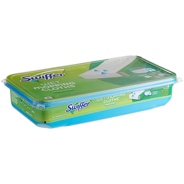 A green and blue Swiffer container of 12 open window fresh scented wet mopping pads.