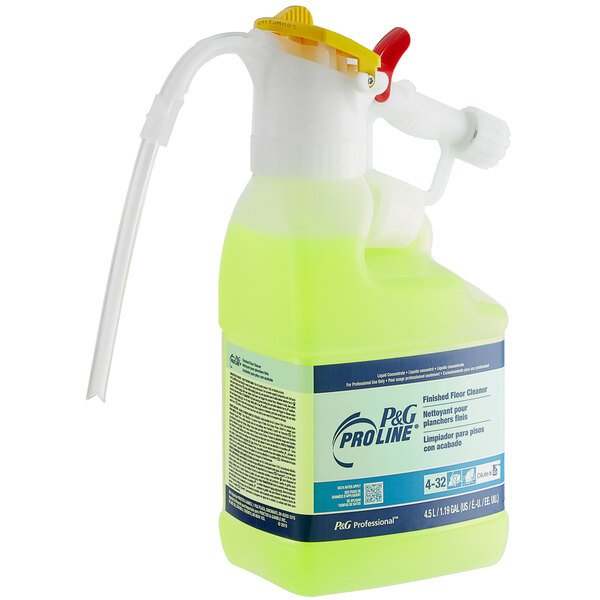 A yellow and green P&G Pro Line Dilute2Go bottle of floor cleaner.