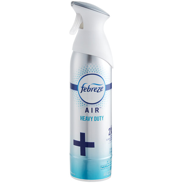 A spray can of Febreze Air Heavy-Duty Crisp Clean scented air freshener with a white cap.