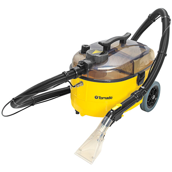 A yellow and black Tornado Marathon 350 corded spot extractor on a cart.