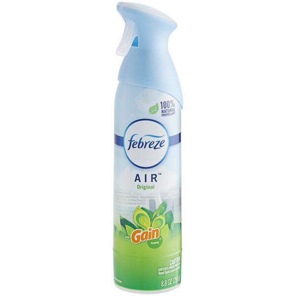 A bottle of Febreze Air Gain Original scented air freshener spray with a blue and green label.