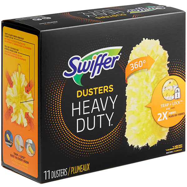A yellow box of 11 Swiffer Dusters heavy-duty refills.