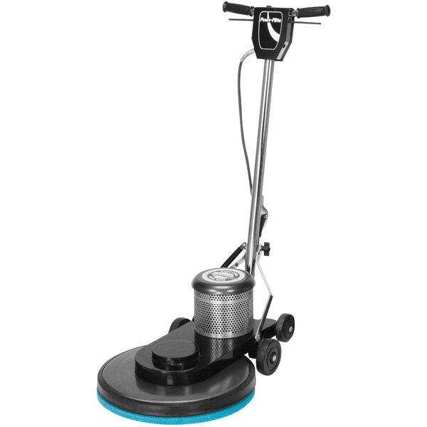 A Powr-Flite floor burnishing machine with a blue handle and wheels.