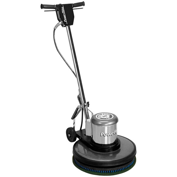 A Powr-Flite Classic floor machine with a black handle and blue wheels.