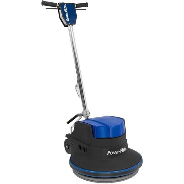 A blue and black Powr-Flite Millennium floor scrubber with a handle.