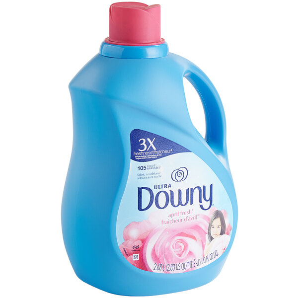 A blue bottle of Downy Ultra April Fresh liquid fabric conditioner with a red cap.
