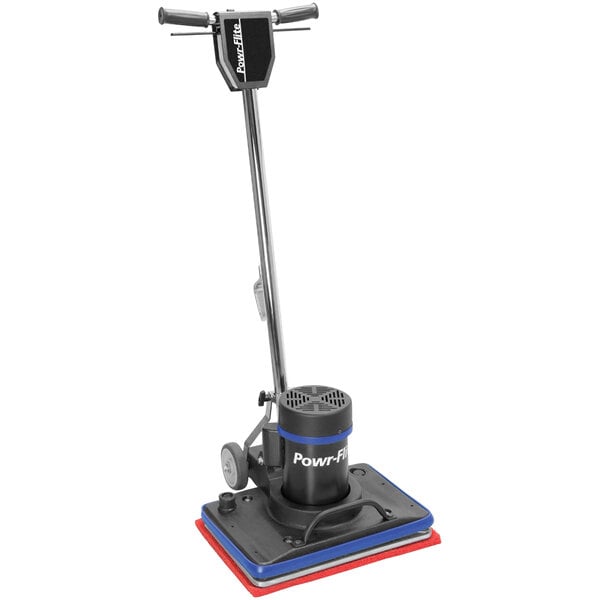 A Powr-Flite corded orbital floor scrubber with wheels and a blue and red handle.