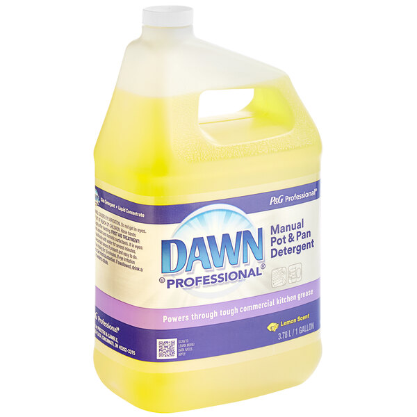 A yellow jug of Dawn Professional Lemon Scented Pot and Pan Detergent.