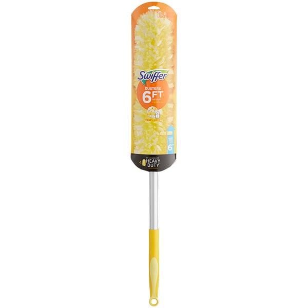 A yellow Swiffer Dusters handle with an orange attachment.