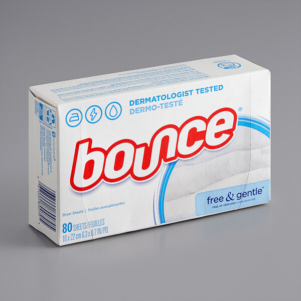 A box of 80 Bounce Free & Gentle fabric softener dryer sheets.