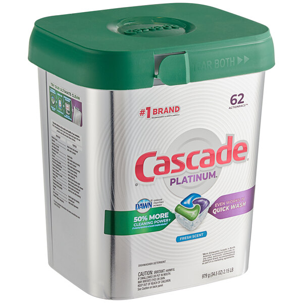 A container of 62 Cascade Platinum ActionPacs dishwasher detergent pods.