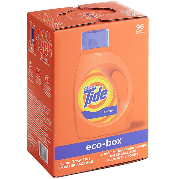 A Tide Eco-Box of laundry detergent on a shelf.