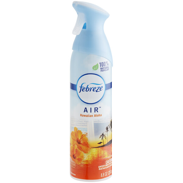 A bottle of Febreze Air Hawaiian Aloha scented air freshener with a white and blue spray cap.