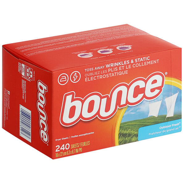 A box of 240 Bounce Outdoor Fresh fabric softener dryer sheets.
