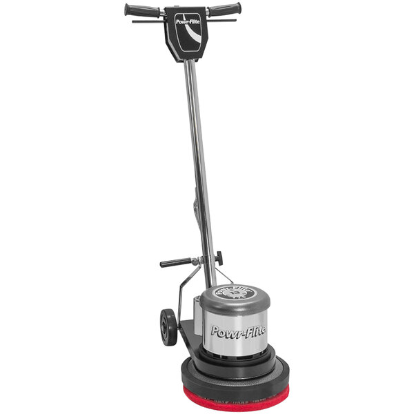 A Powr-Flite Classic floor machine with red wheels and a black base.