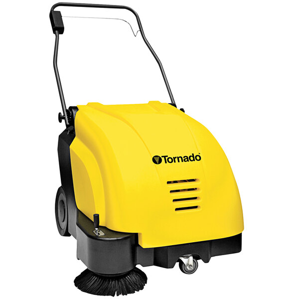 A yellow Tornado SWB 26" Battery Sweeper with black wheels and a handle.