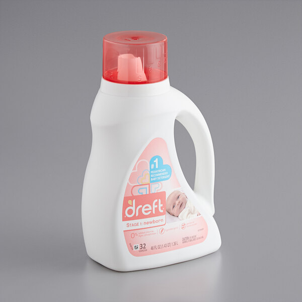 A white bottle of Dreft Baby Liquid Laundry Detergent with a red cap.