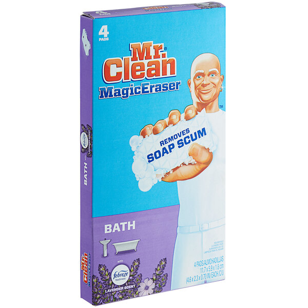 A box of 4 Mr. Clean Magic Eraser Bath soap scum erasers with lavender scent.