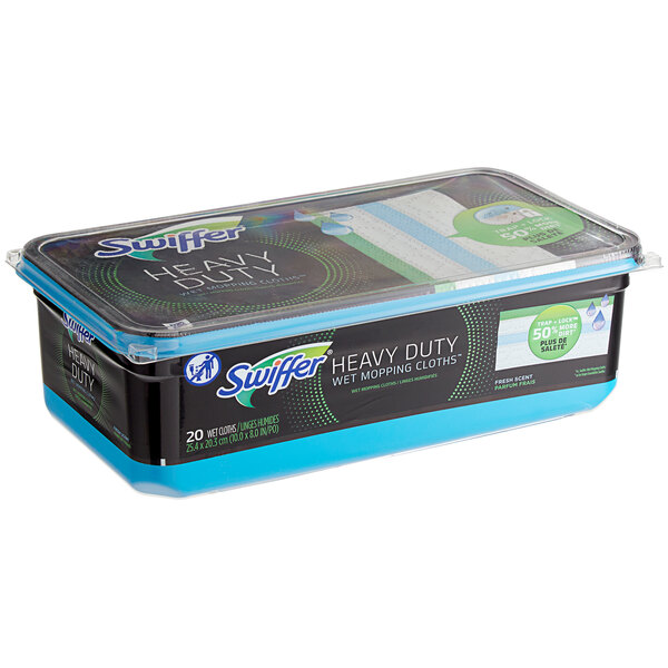 A plastic container of Swiffer Sweeper heavy-duty wet mopping pads with blue and white packaging.