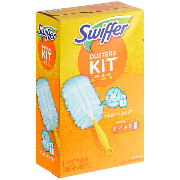 A white and blue box of Swiffer Duster Cleaner Starter Kit with a close-up of a Swiffer duster brush.