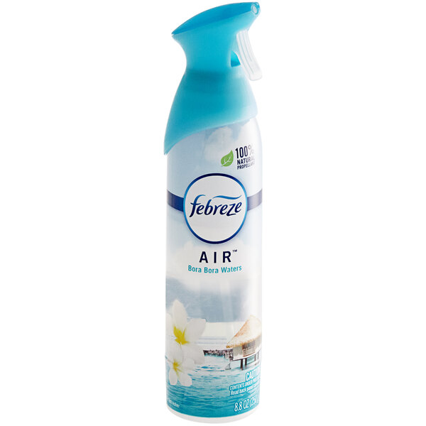 A blue and white spray can of Febreze Air Bora Bora Waters scented air freshener.