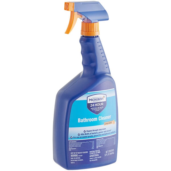 A blue spray bottle of Microban Professional Citrus Scented Bathroom Cleaner with a yellow handle.