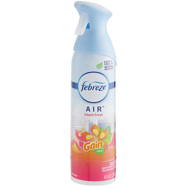 A bottle of Febreze Air with a blue and pink label and cap.