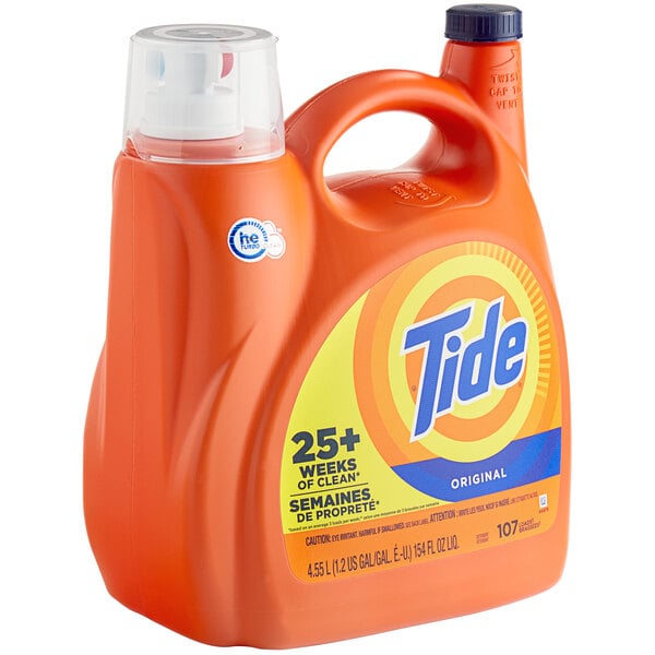 A plastic container of Tide 2X Liquid Laundry Detergent with an orange label.