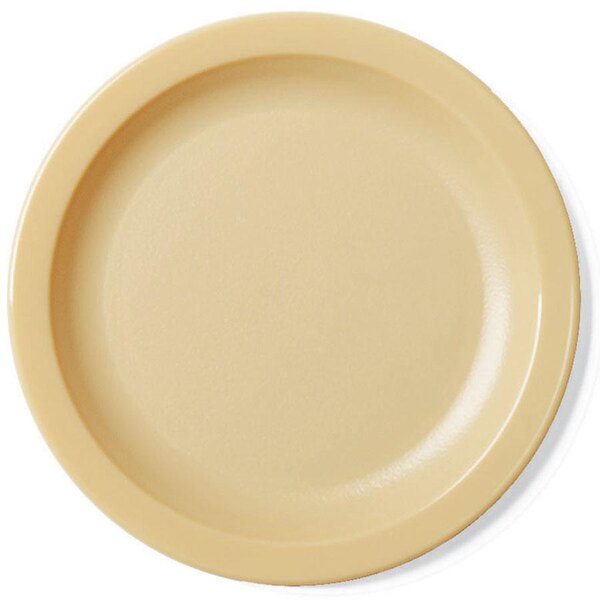 A close-up of a beige Cambro polycarbonate plate with a narrow rim.