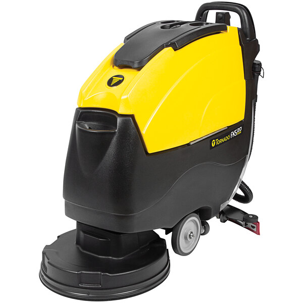 A yellow and black Tornado walk behind floor scrubber with wheels.