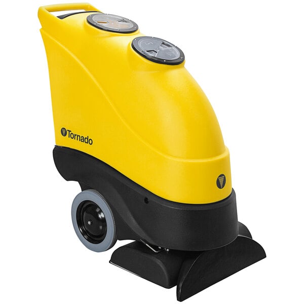 A yellow and black Tornado Marathon 1200 carpet extractor machine with wheels.