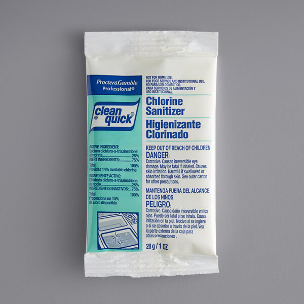 A white package of Clean Quick Chlorine Sanitizer Powder packets with blue text.