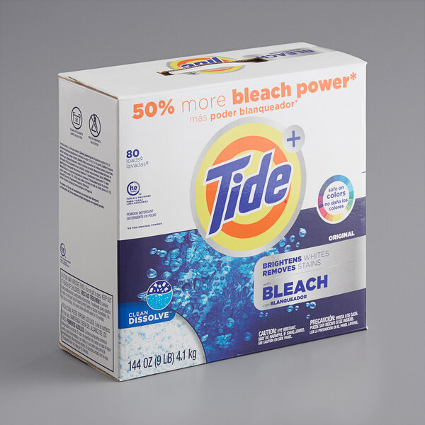 A white and orange Tide box of laundry detergent powder with bleach.