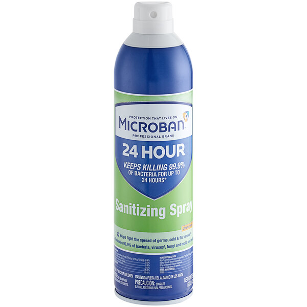A blue and green Microban Professional aerosol spray can.