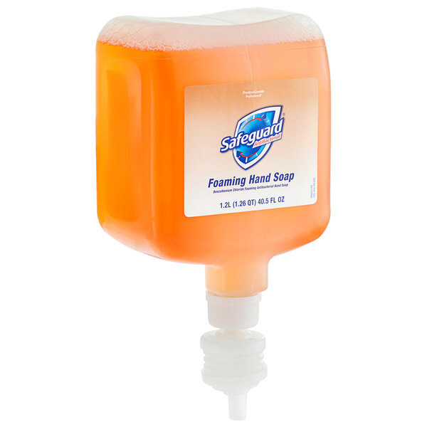 A plastic container of Safeguard foaming hand soap with a white label.