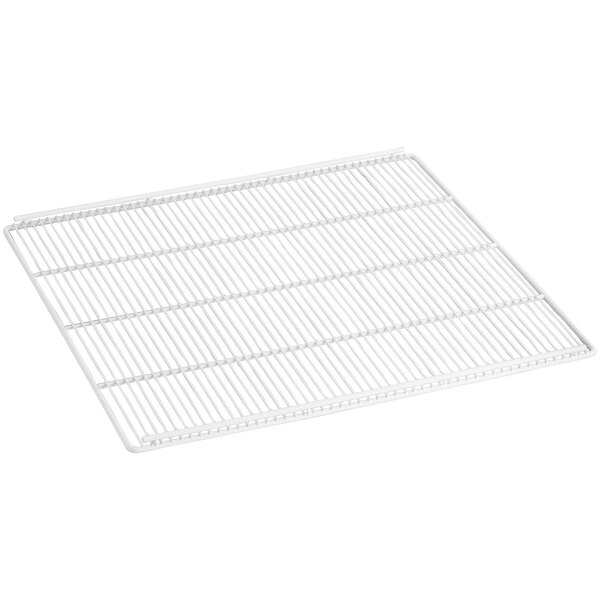 A white wire shelf with a grid on it.
