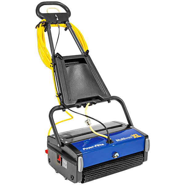 A blue and black Powr-Flite Multiwash XL floor scrubber with yellow tubes and a handle.
