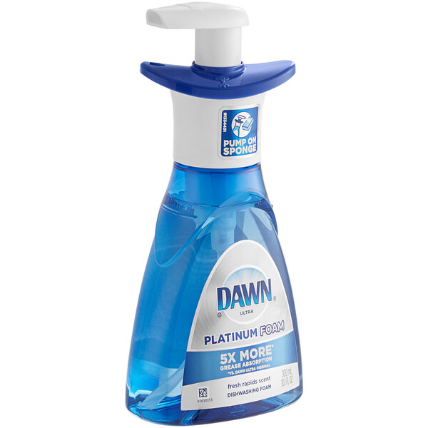 A blue and white bottle of Dawn Platinum Direct Foam dish soap.