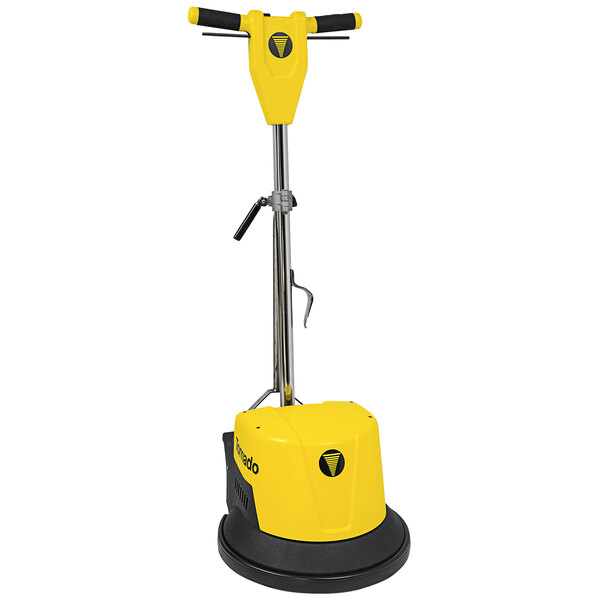 A yellow and black Tornado Brute Force 17" rotary floor machine with a black handle.