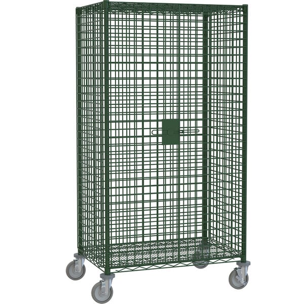 A green Metro wire security cabinet on wheels with a lock.