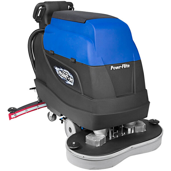 A Powr-Flite Phantom PFS32 cordless walk behind floor scrubber with a blue cover.