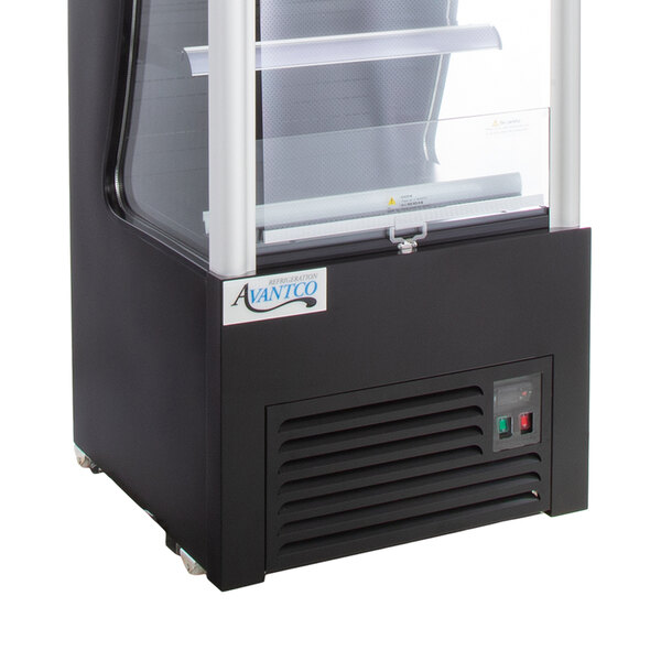 An Avantco black refrigerated air curtain merchandiser with a glass door.