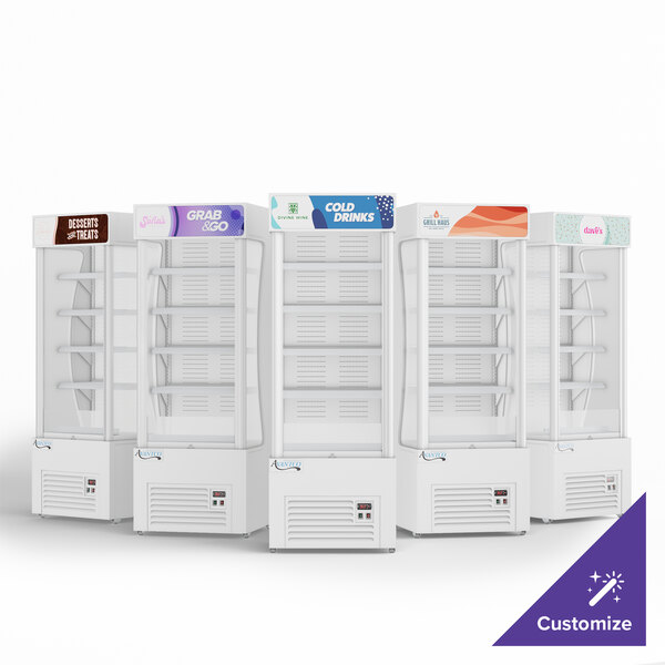 A white Avantco refrigerated air curtain merchandiser with customizable panel.