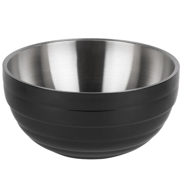 A black and silver Vollrath double wall metal bowl.